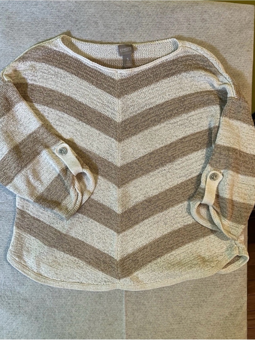 Chico's Chevron Boatneck Sweater in Cream and Brown Stripes